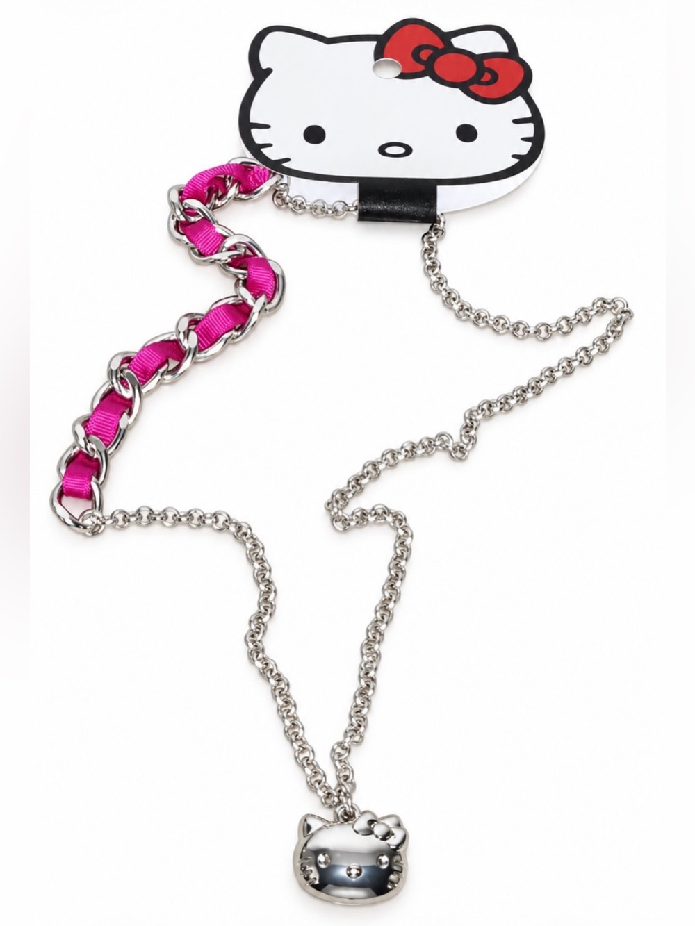 Loungefly Hello Kitty 3D Charm Necklace Pink Ribbon Silver Tone NWT w Pouch
